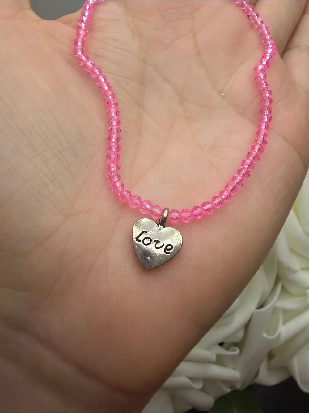 Pink Beaded Bracelet with 'Love' Heart Charm
